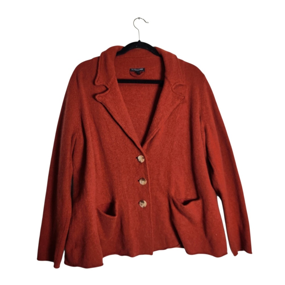 Eileen Fisher Woman 100% Wool Knit Blazer Cardigan Terracotta Orange 2X